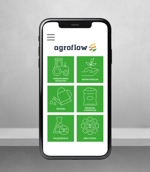 Az AgroFlow mobilalkalmazás képernyője, amely digitális megoldásokat kínál a precíziós gazdálkodáshoz.
