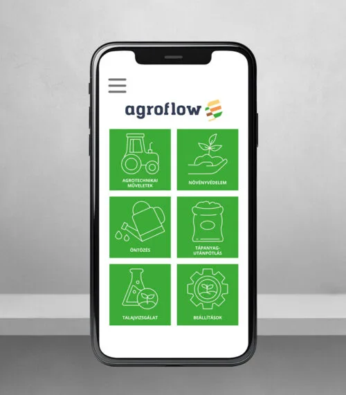 Az AgroFlow mobilalkalmazás képernyője, amely digitális megoldásokat kínál a precíziós gazdálkodáshoz.