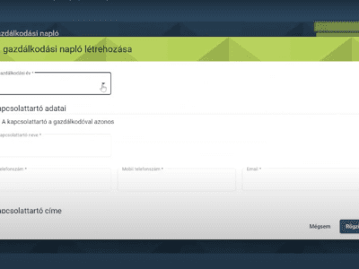 Új e-Gazdálkodási Napló létrehozása a Nébih rendszerében, gazdálkodási év és kapcsolattartó adatainak megadásával.
