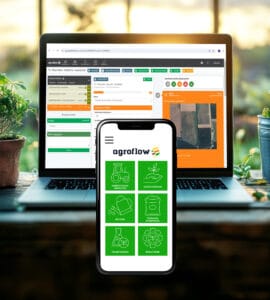 Az AgroFlow digitális gazdálkodási rendszer laptopon és mobiltelefonon, amely segíti az elektronikus gazdálkodási napló (eGN) vezetését.