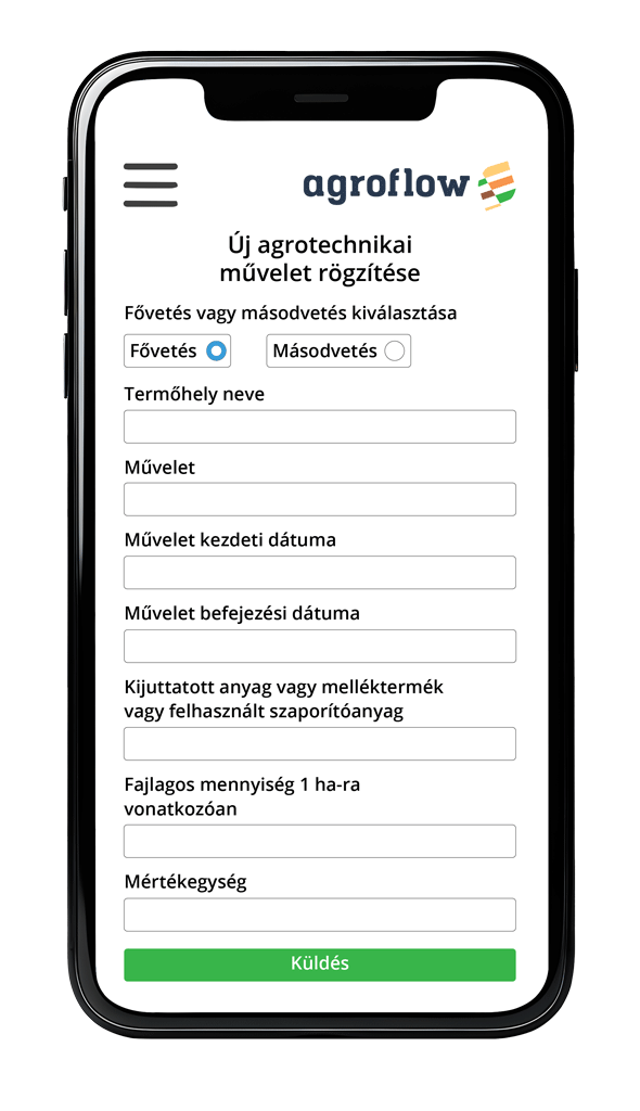 Az AgroFlow mobilalkalmazás felülete, amely lehetővé teszi az agrotechnikai műveletek rögzítését és kezelését.