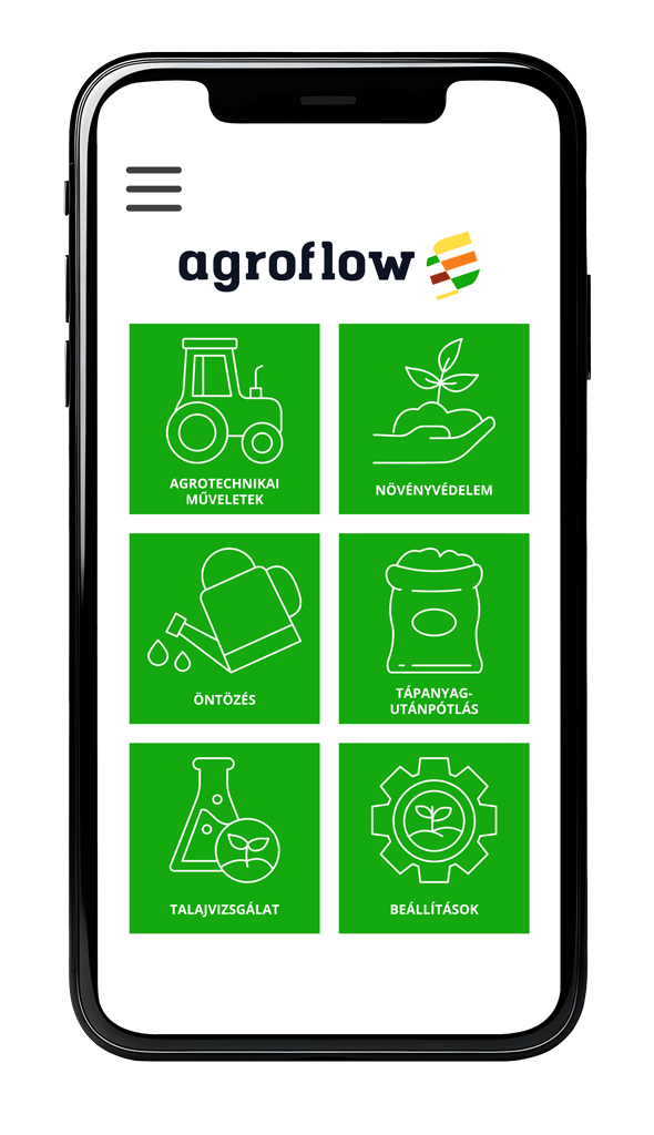 Az AgroFlow mobilalkalmazás főmenüje, amely digitális mezőgazdasági funkciókat kínál, például agrotechnikai műveletek, növényvédelem és talajvizsgálat kezelését.