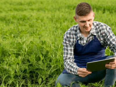 Fiatal gazda digitális táblagéppel a földeken, mezőgazdasági adatelemzés közben.